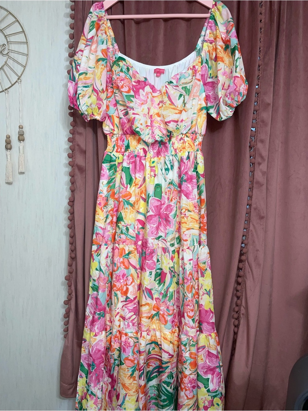 Bright Floral Puff Sleeve Flying Tomato tiered Maxi Dress